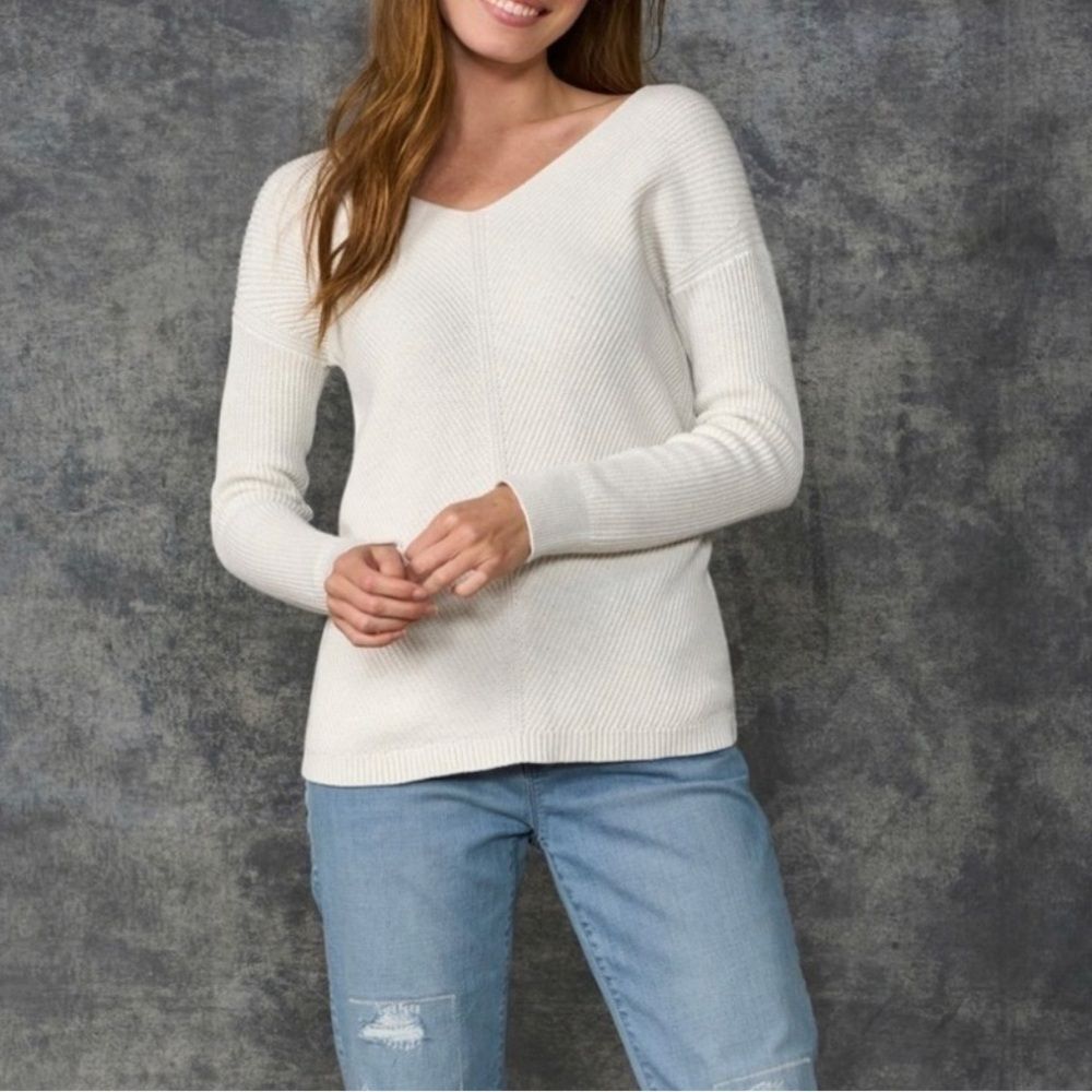 LL Bean Womens Pale Yellow Cotton Shaker-Stitch Sweater V-Neck Size Large